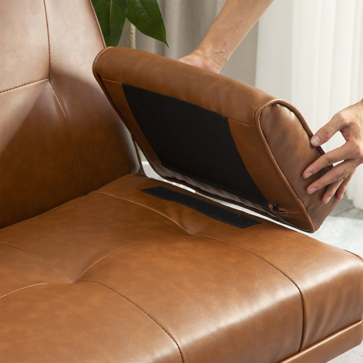 Faux Leather Convertible Sofa Bed with Removable Arm and 2 Cupholders