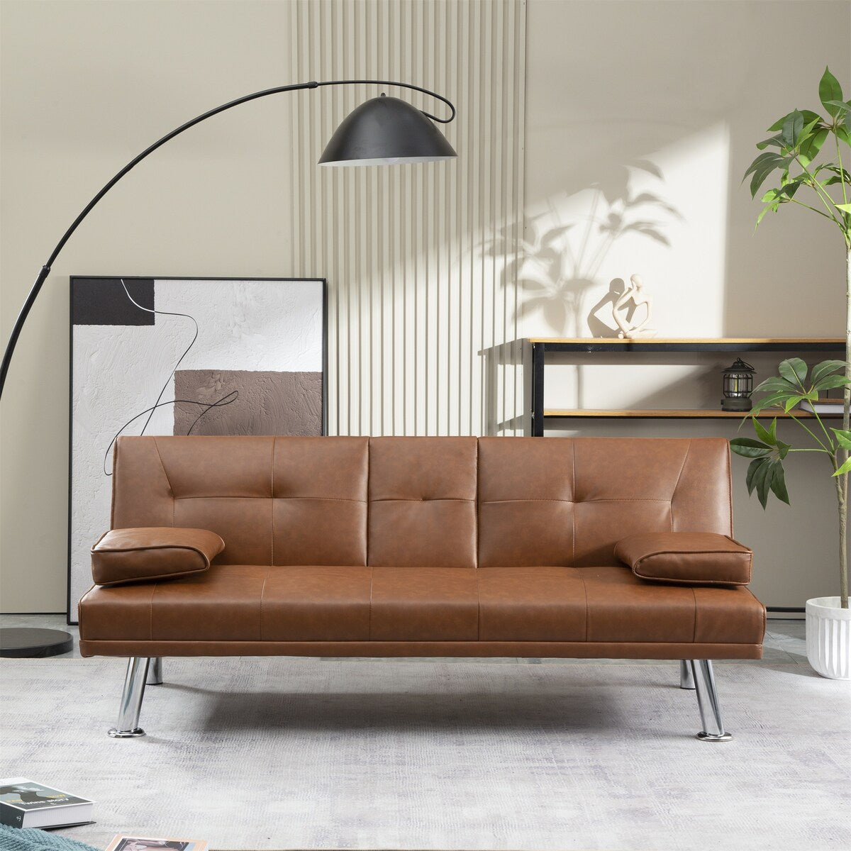 Faux Leather Convertible Sofa Bed with Removable Arm and 2 Cupholders