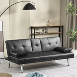 Faux Leather Convertible Sofa Bed with Removable Arm and 2 Cupholders
