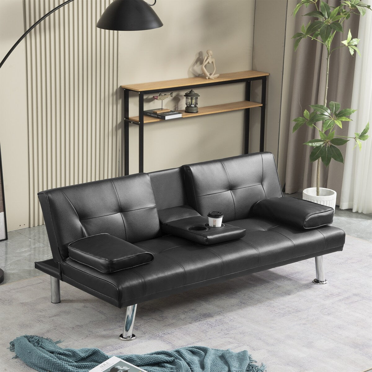 Faux Leather Convertible Sofa Bed with Removable Arm and 2 Cupholders