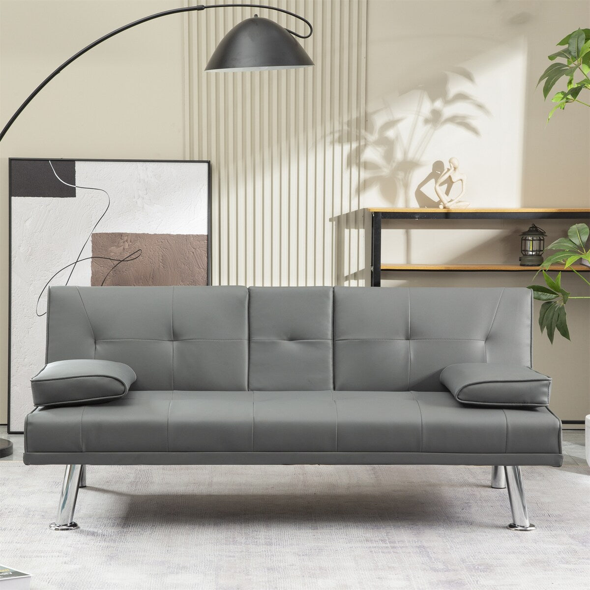Faux Leather Convertible Sofa Bed with Removable Arm and 2 Cupholders