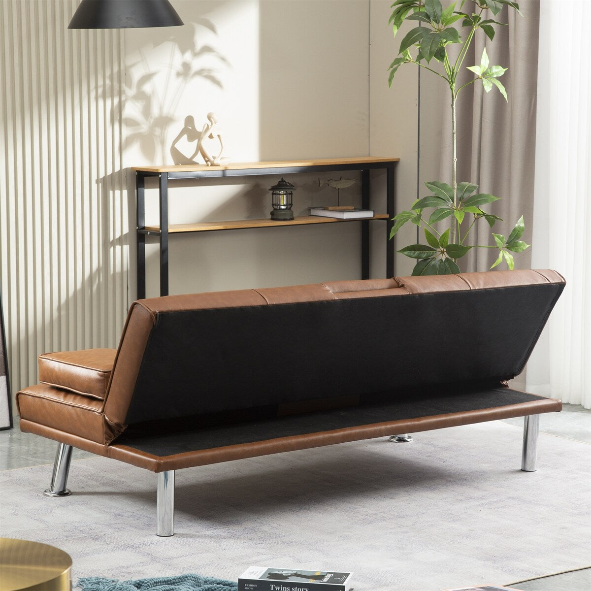 Faux Leather Convertible Sofa Bed with Removable Arm and 2 Cupholders