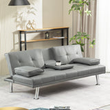 Faux Leather Convertible Sofa Bed with Removable Arm and 2 Cupholders