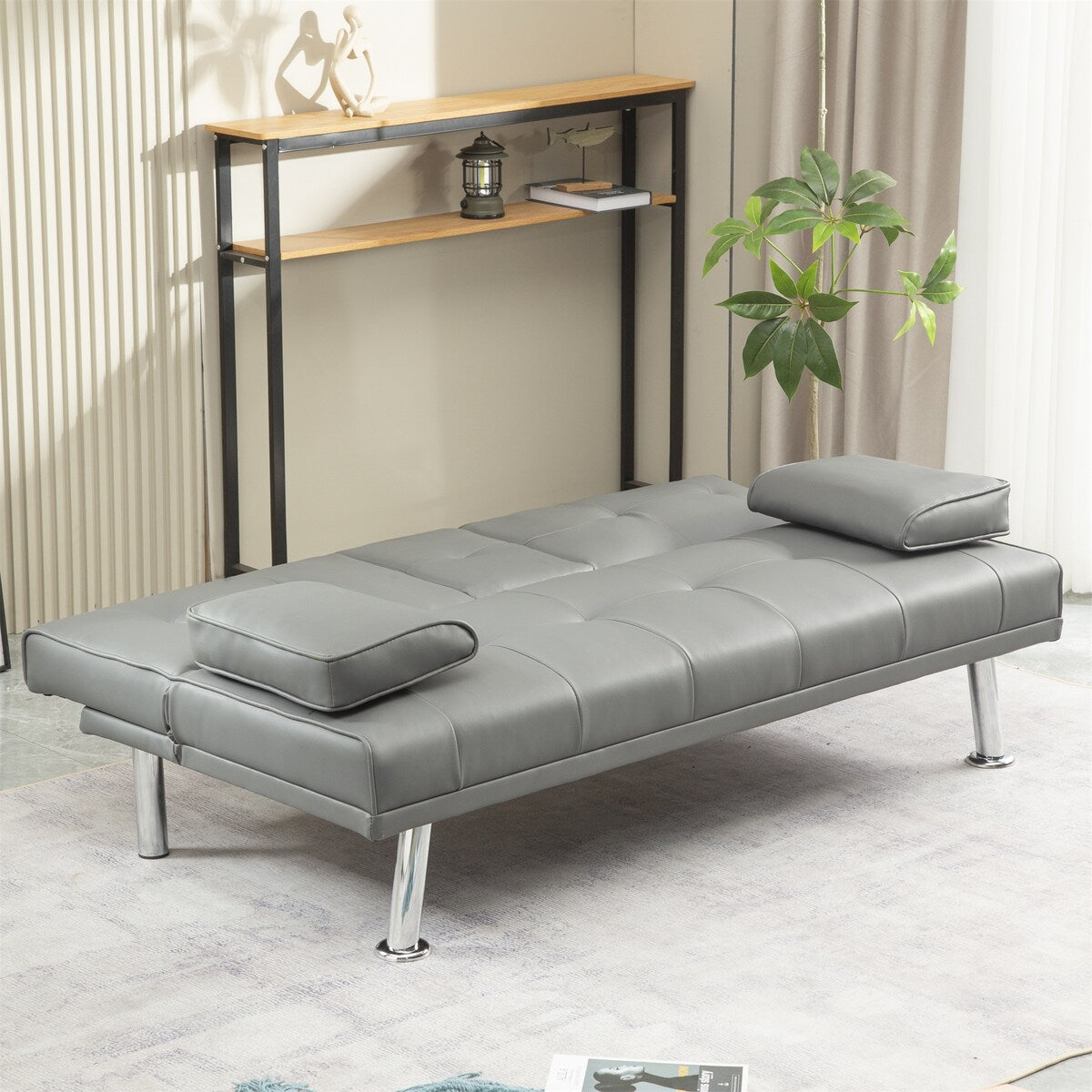 Faux Leather Convertible Sofa Bed with Removable Arm and 2 Cupholders