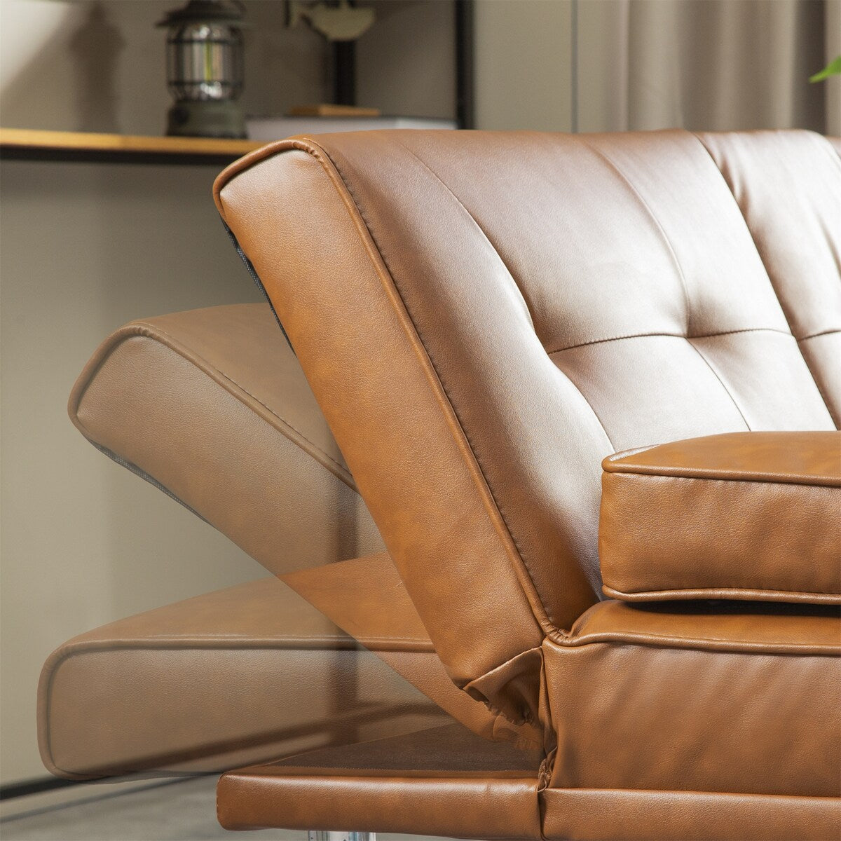 Faux Leather Convertible Sofa Bed with Removable Arm and 2 Cupholders