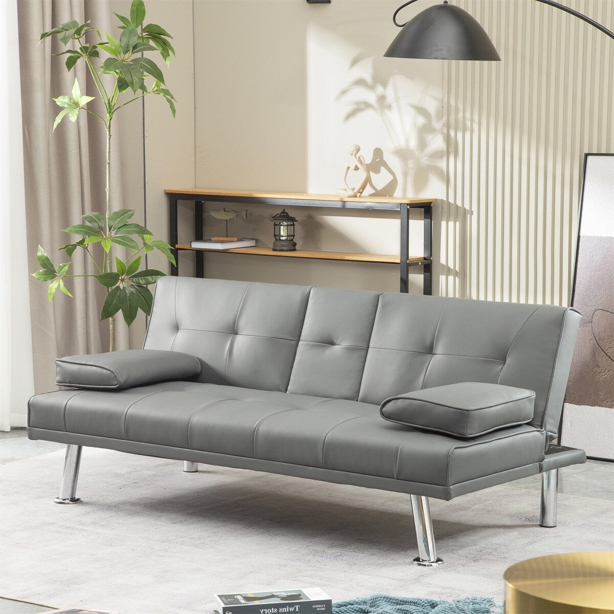 Faux Leather Convertible Sofa Bed with Removable Arm and 2 Cupholders