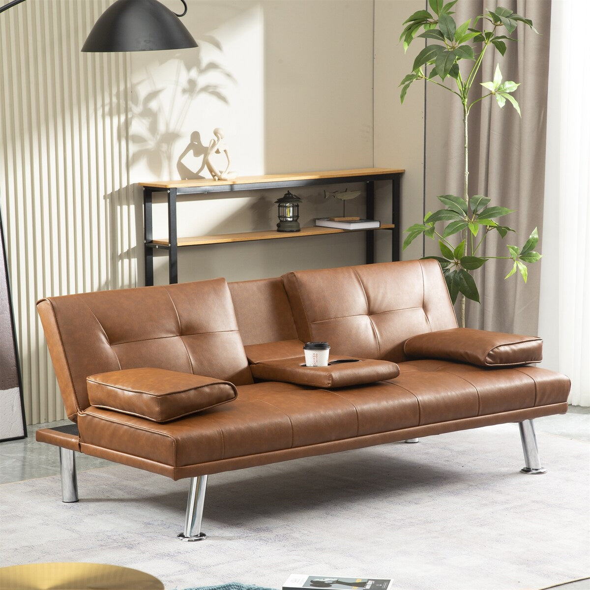 Faux Leather Convertible Sofa Bed with Removable Arm and 2 Cupholders