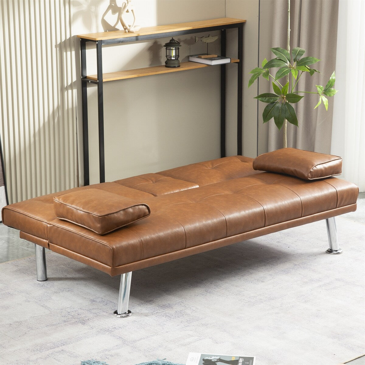 Faux Leather Convertible Sofa Bed with Removable Arm and 2 Cupholders