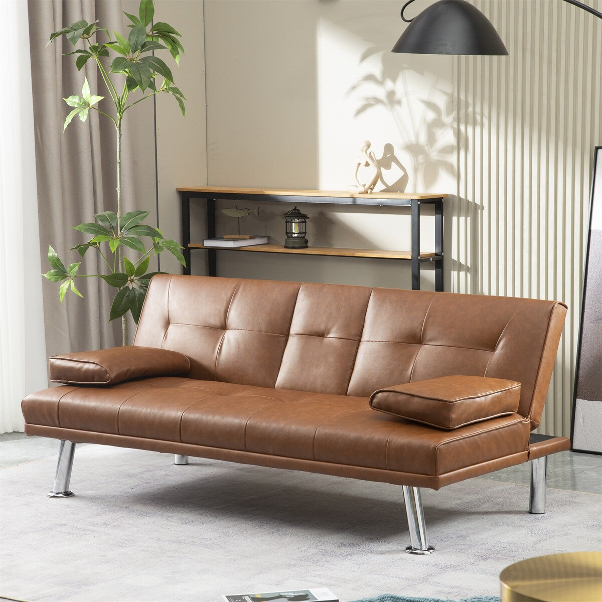 Faux Leather Convertible Sofa Bed with Removable Arm and 2 Cupholders