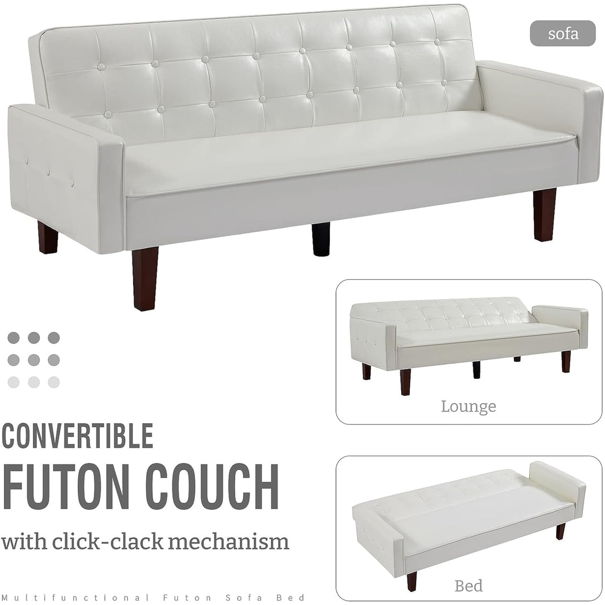 Faux Leather Futon Sofa Bed Sleeper Couch, Mid Century Button Tufted Upholstered Convertible Sofa Bed with Wooden Legs