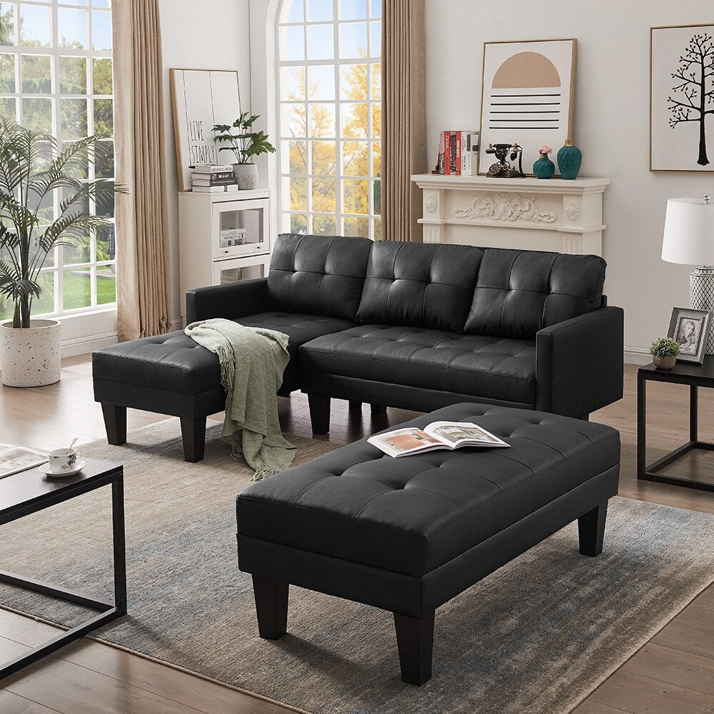 Faux Leather L-shape Sectional sofa bed Chaise Lounge with Ottoman