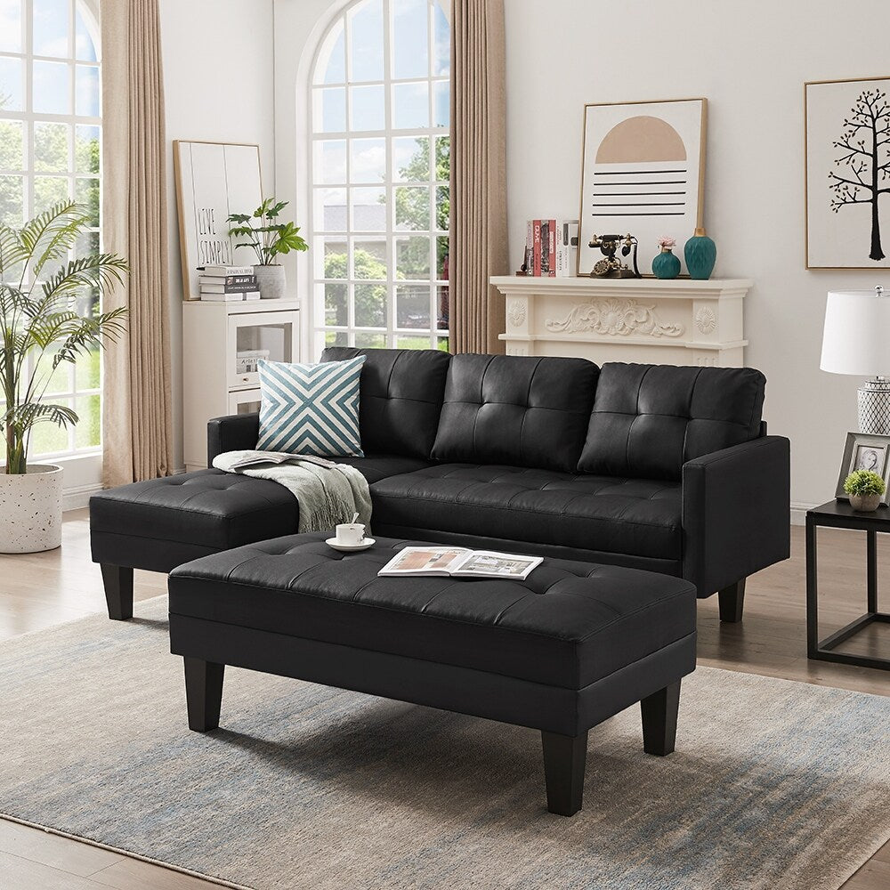 Faux Leather L-shape Sectional sofa bed Chaise Lounge with Ottoman