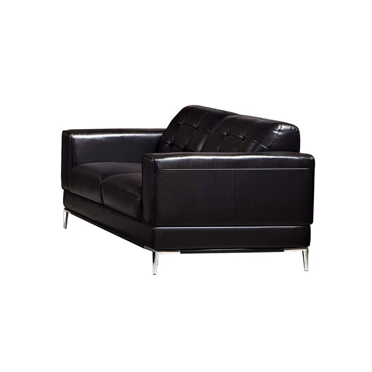 Faux Leather Upholstered Wooden Loveseat with Square Quilt Tuft Pattern on Backrest, Black