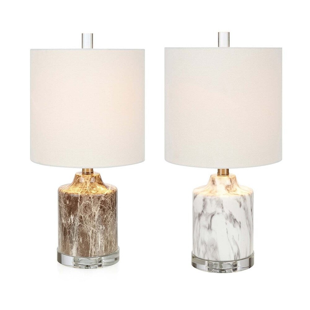 Faux Marble Mini Lamps with Drum Shape Linen Shade, White and Brown, Assortment of Two