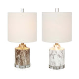 Faux Marble Mini Lamps with Drum Shape Linen Shade, White and Brown, Assortment of Two