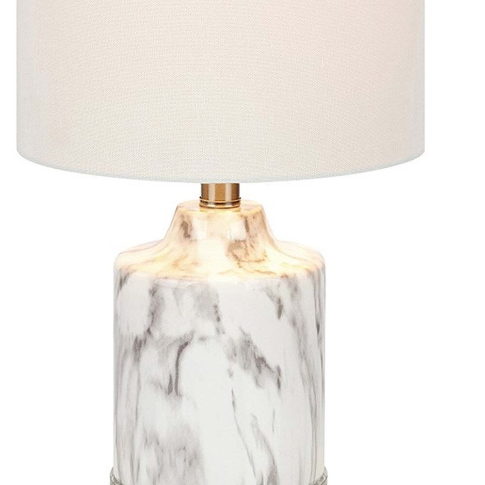 Faux Marble Mini Lamps with Drum Shape Linen Shade, White and Brown, Assortment of Two