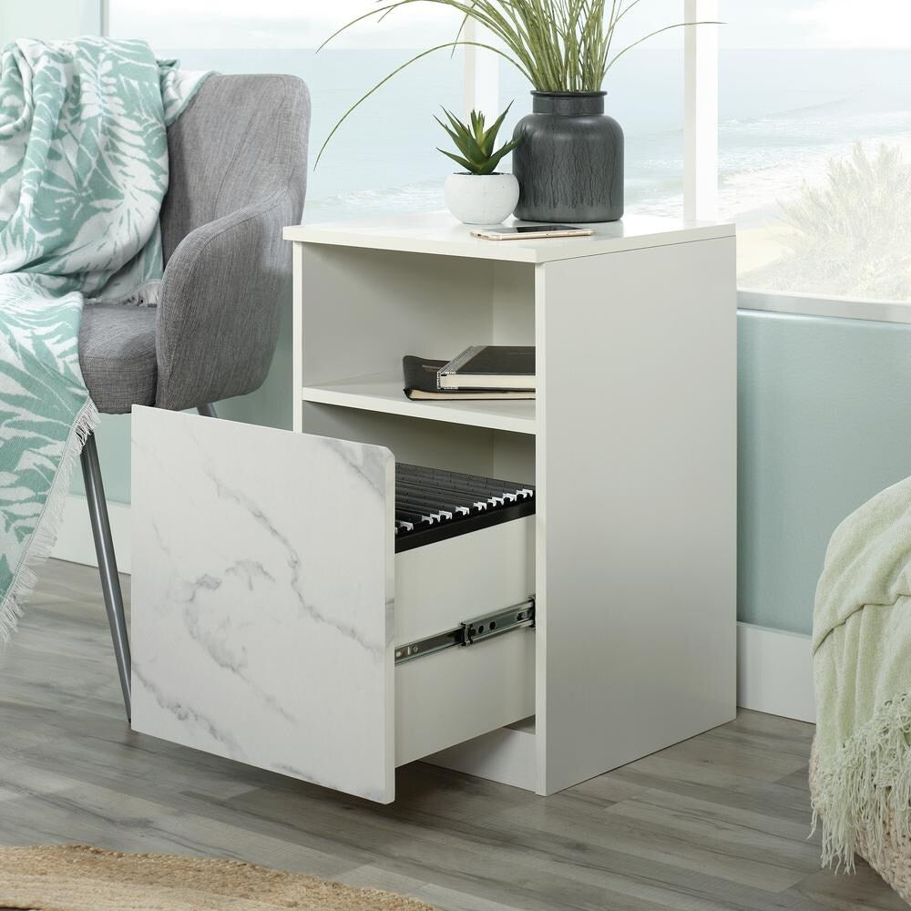 Faux Marble Oak Nightstands with 1 Drawer and Open Storage Shelf