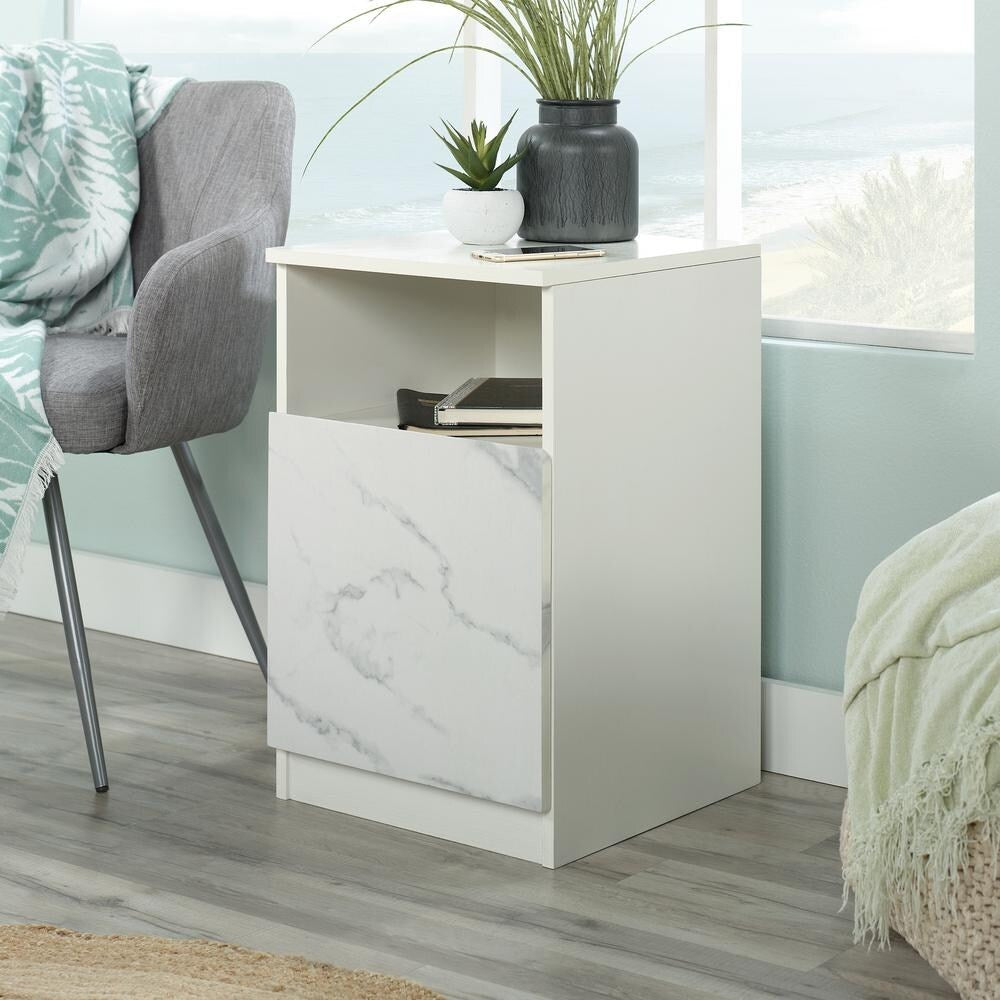 Faux Marble Oak Nightstands with 1 Drawer and Open Storage Shelf