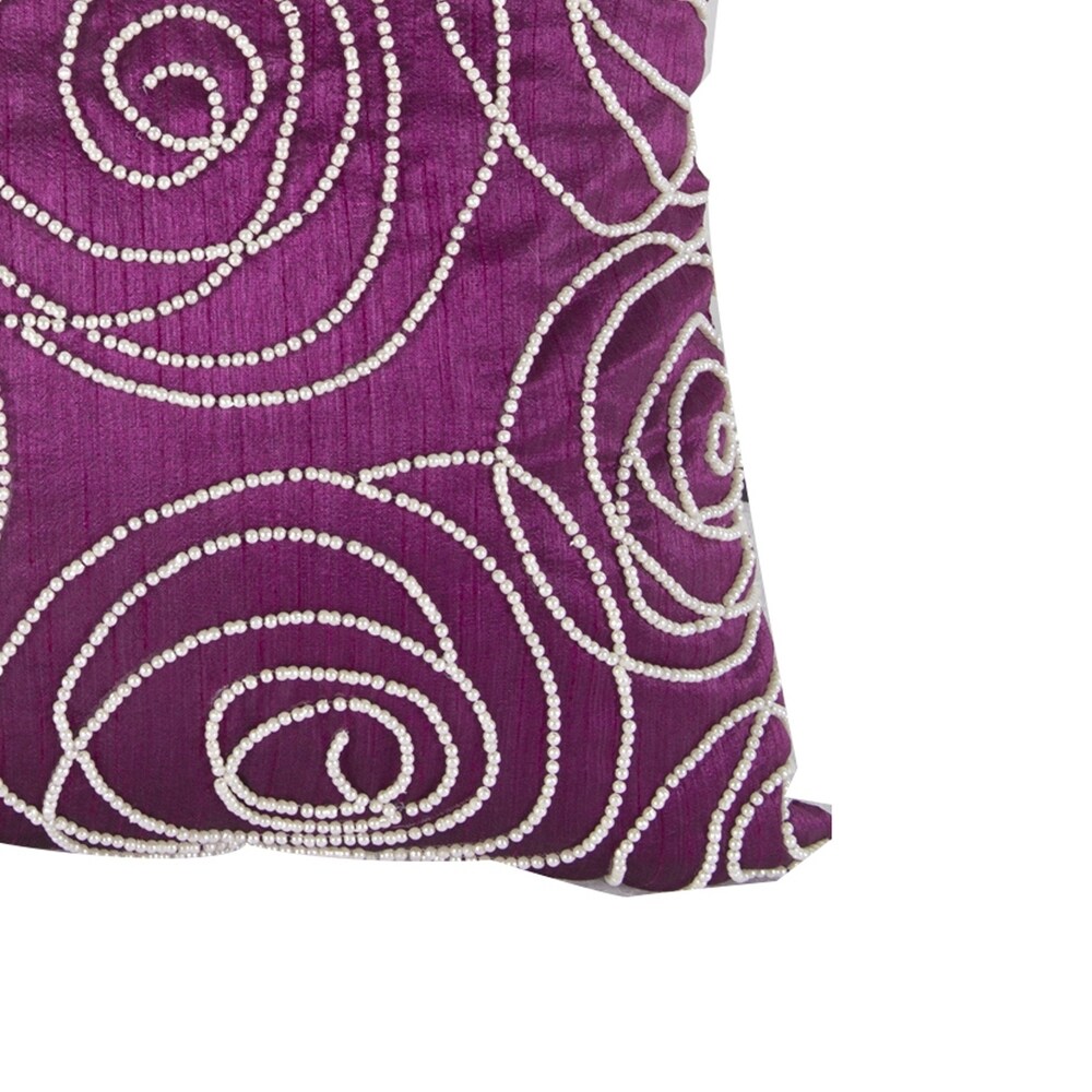 Faux Silk Cotton Pillow with Pearl Beads, Purple and Silver,