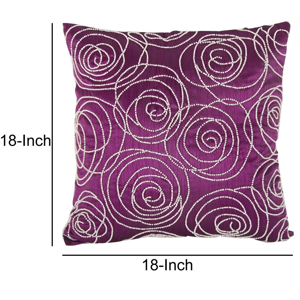 Faux Silk Cotton Pillow with Pearl Beads, Purple and Silver,
