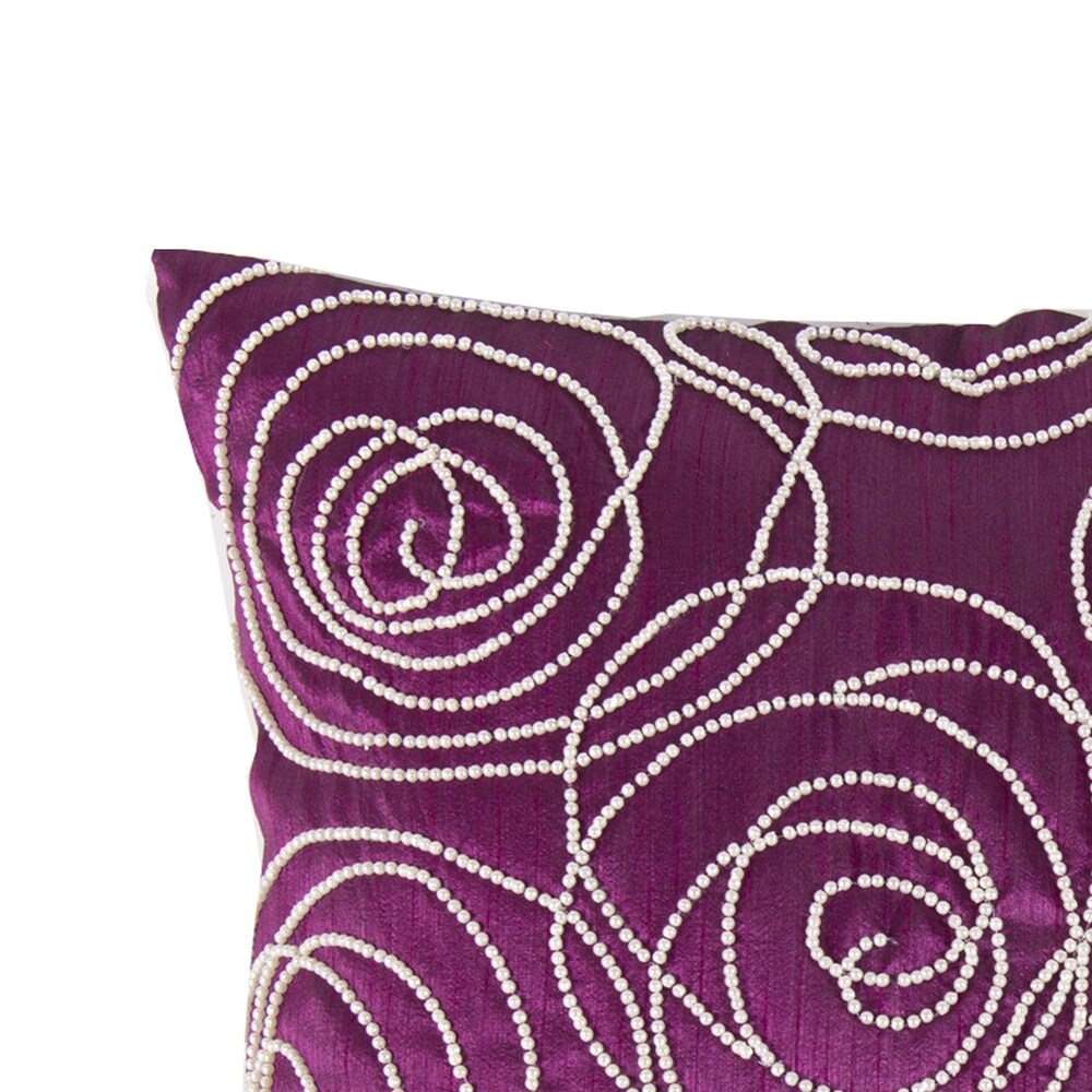 Faux Silk Cotton Pillow with Pearl Beads, Purple and Silver,