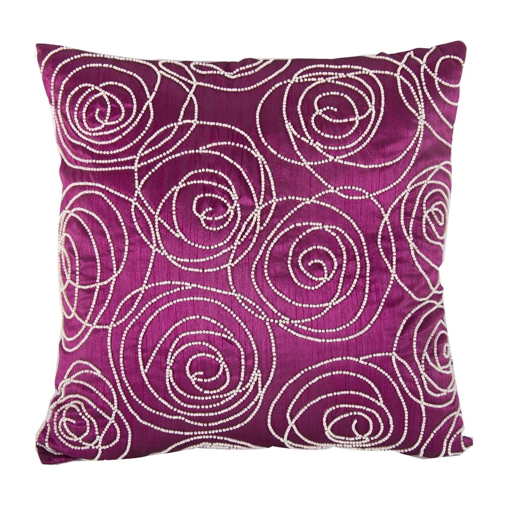 Faux Silk Cotton Pillow with Pearl Beads, Purple and Silver,