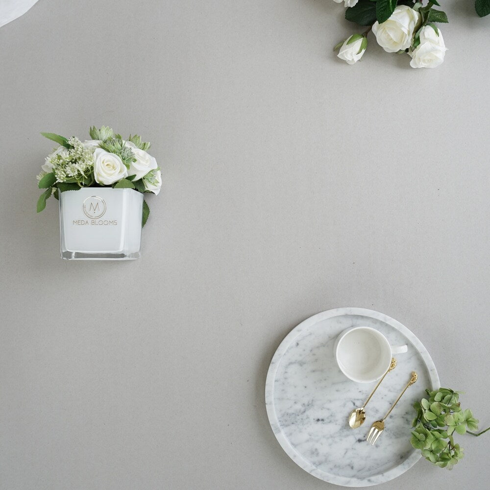 Faux White Rose and Greenery Arrangement in White Glass Vase