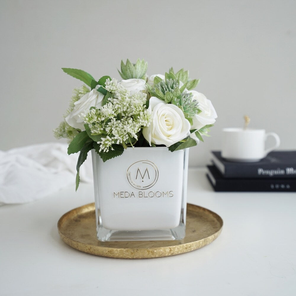Faux White Rose and Greenery Arrangement in White Glass Vase