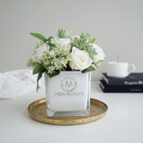 Faux White Rose and Greenery Arrangement in White Glass Vase