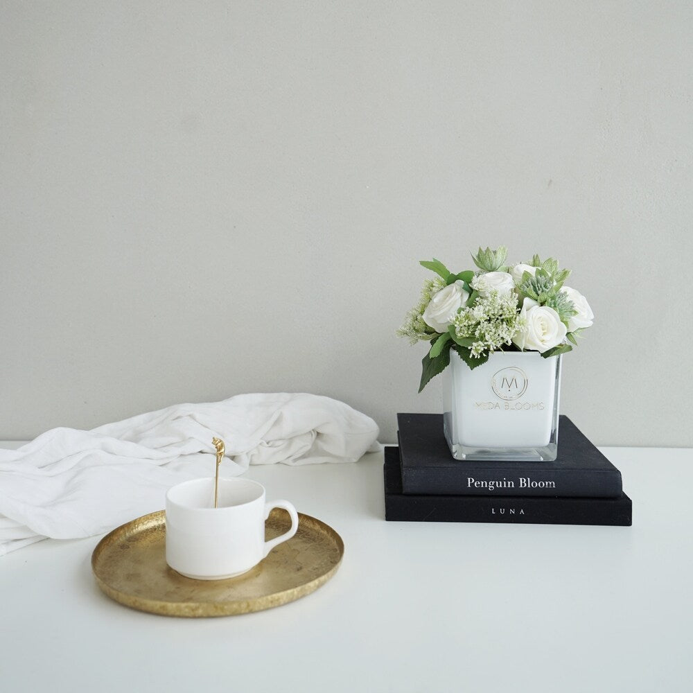 Faux White Rose and Greenery Arrangement in White Glass Vase