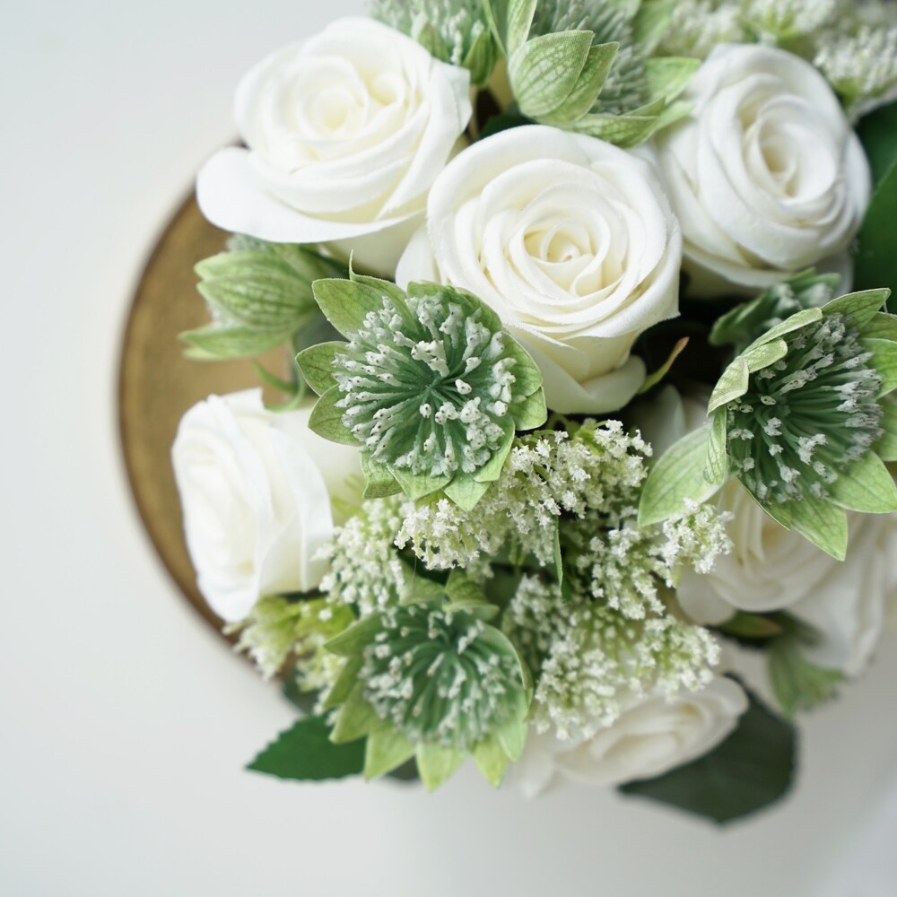 Faux White Rose and Greenery Arrangement in White Glass Vase