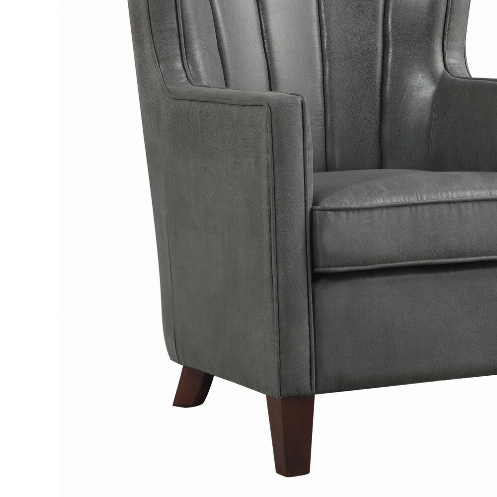 Faux leather Upholstered Wooden Accent Chair with Channel Tufting, Dark Gray and Brown