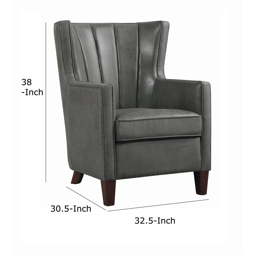 Faux leather Upholstered Wooden Accent Chair with Channel Tufting, Dark Gray and Brown