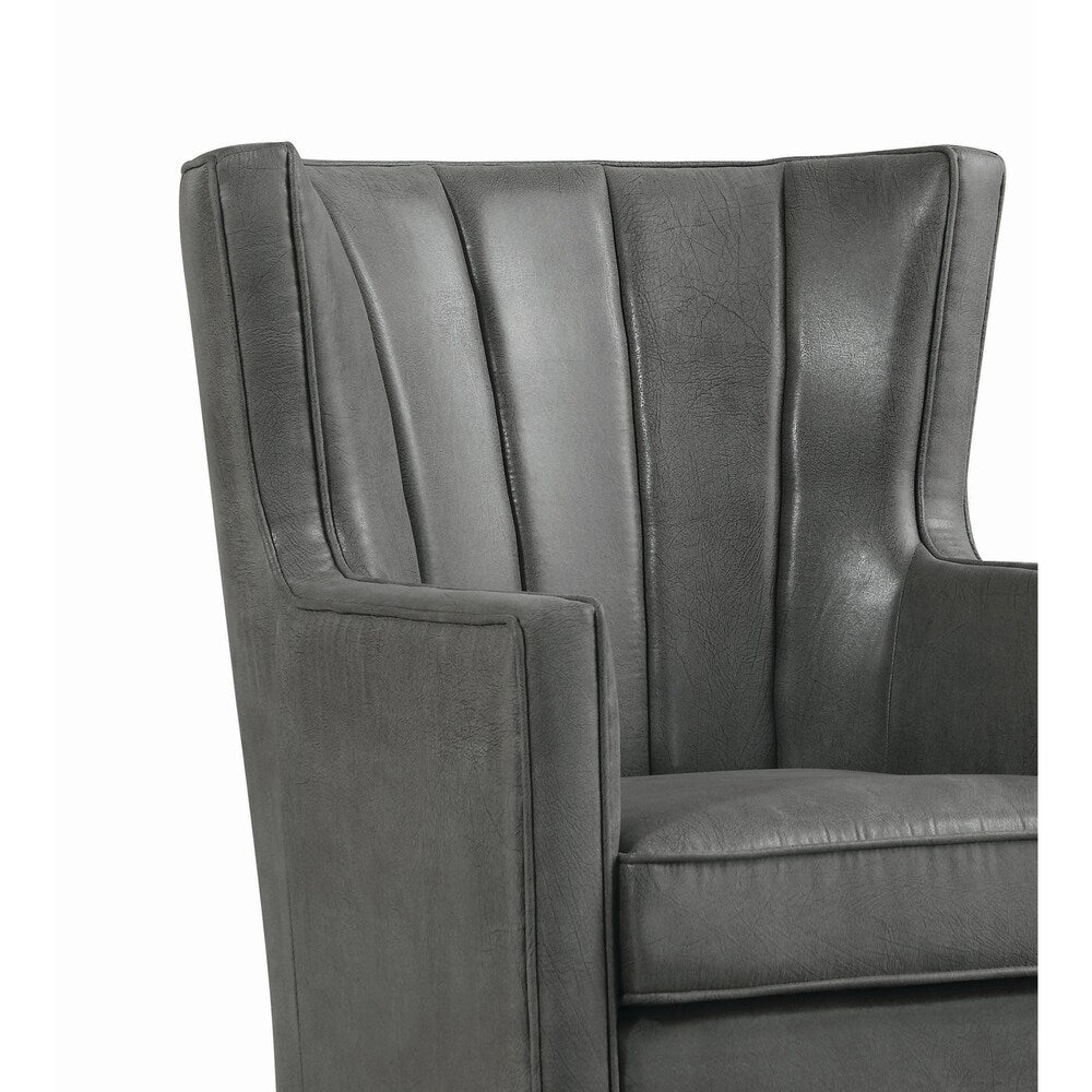 Faux leather Upholstered Wooden Accent Chair with Channel Tufting, Dark Gray and Brown