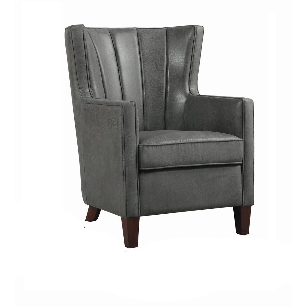 Faux leather Upholstered Wooden Accent Chair with Channel Tufting, Dark Gray and Brown