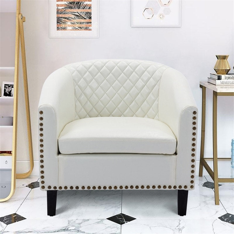 Faux leather bucket chairs, bathtub chairs with nail heads and solid wood legs