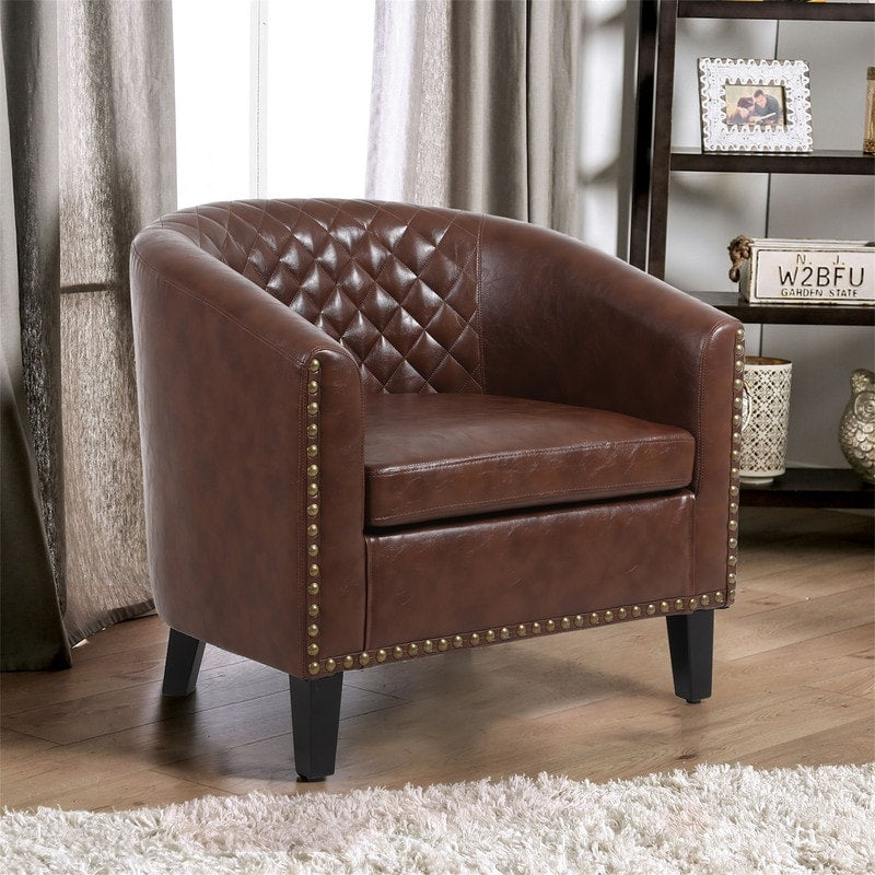 Faux leather bucket chairs, bathtub chairs with nail heads and solid wood legs