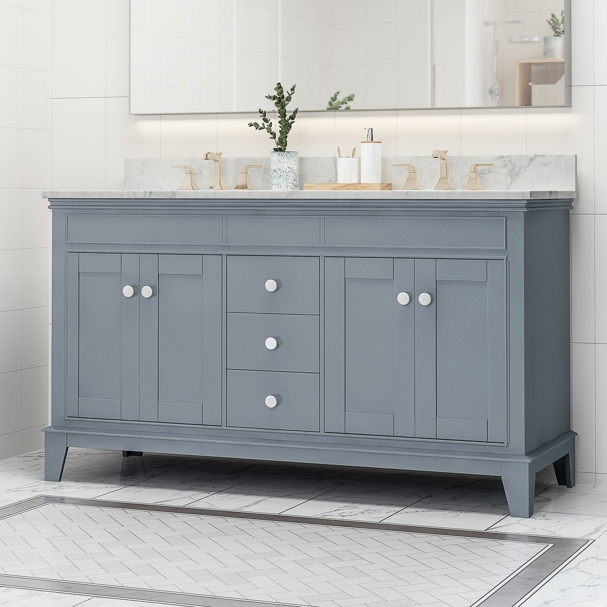 Feldspar 60'' Wood Double Sink Bathroom Vanity with Carrera Marble Top by Christopher Knight Home