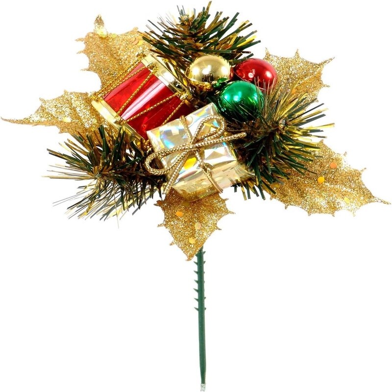Holiday Holly and Pine Floral Picks with Drum Ornaments - Set of 12