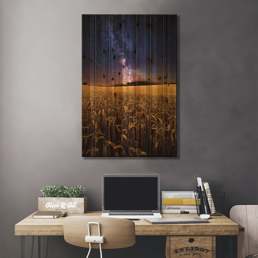 Fields Of Gold - The Milky Way Over A Field Of Wheat Print On Wood by Chad Powell - Multi-Color