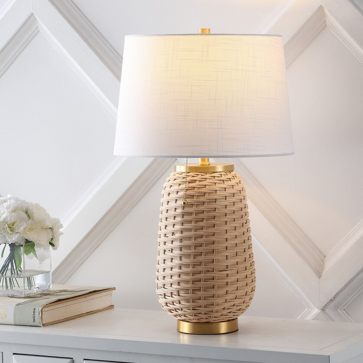Finn 25" Rustic Bohemian Iron/Rattan LED Table Lamp with Pull-Chain, by JONATHAN Y