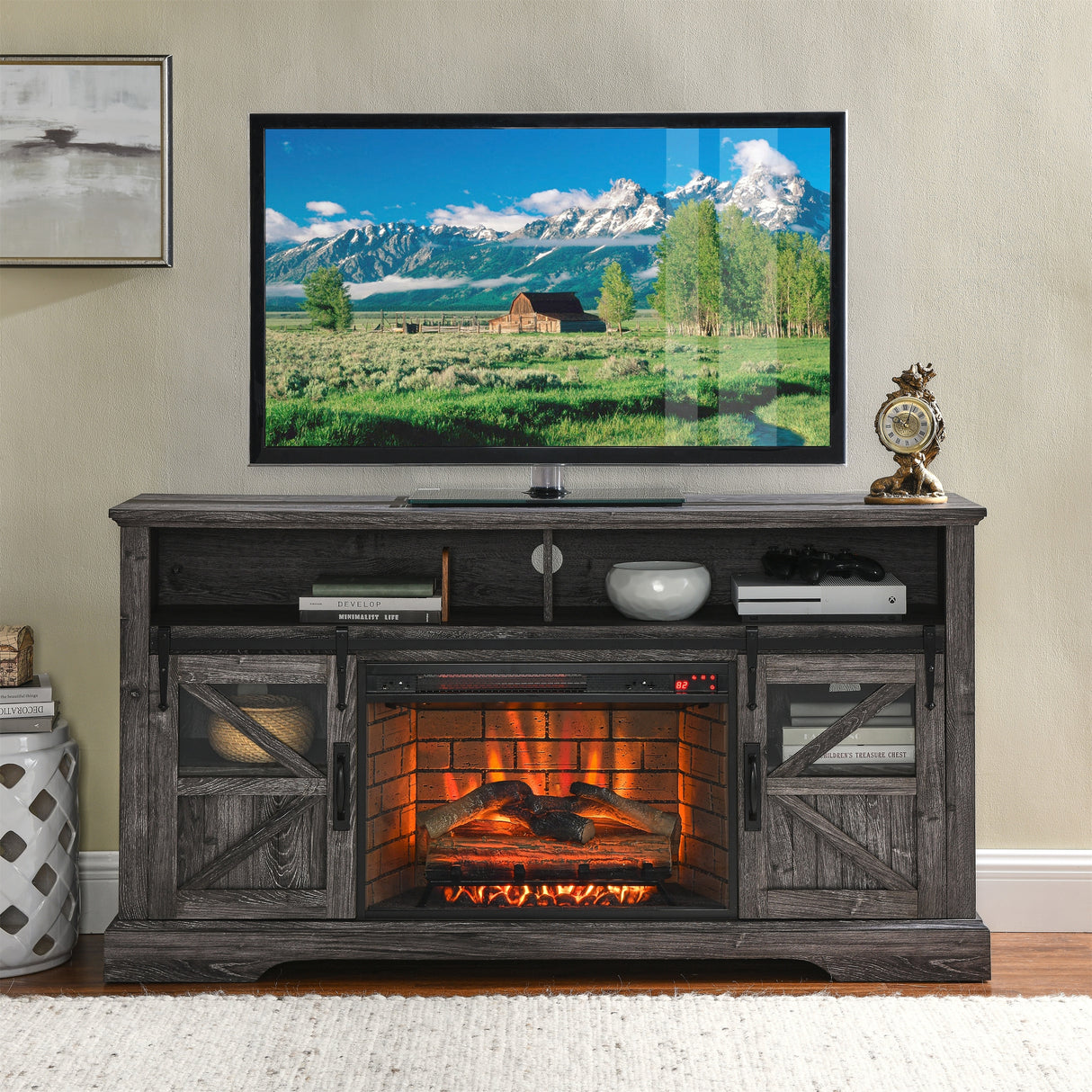 Fireplace TV Stand with Electric Fireplace & Storage Cabinet, Dark Oak - 60.00" x 15.75" x 32.00"