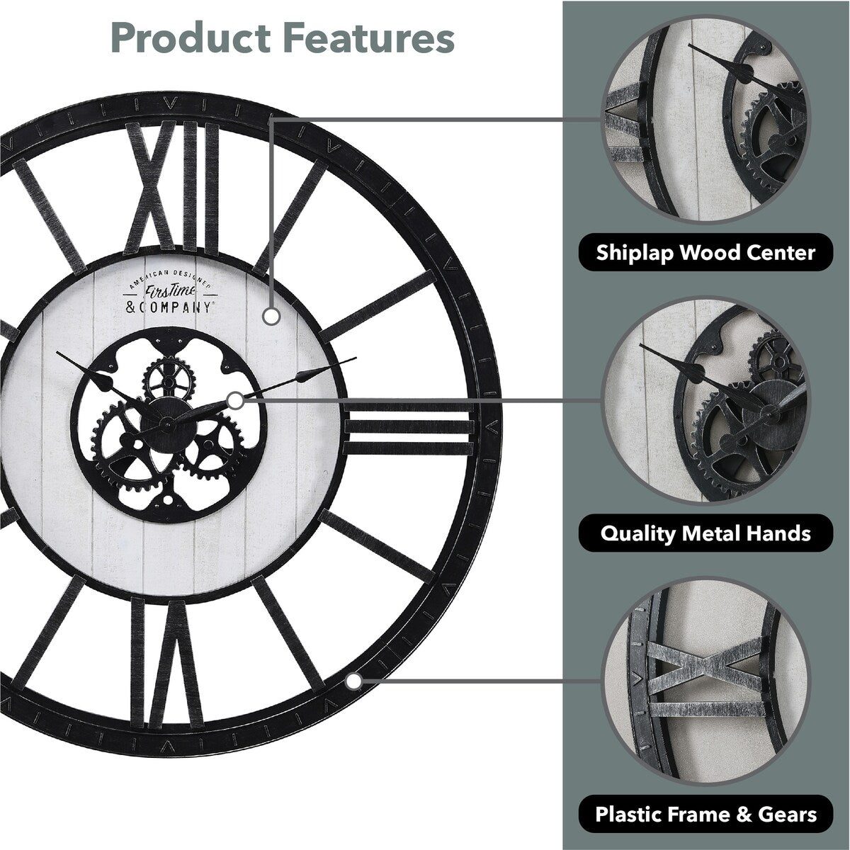 FirsTime & Co. Lowell Large Shiplap Farmhouse Clock, American Crafted, Distressed Black, Plastic, 40 x 2 x 40 in