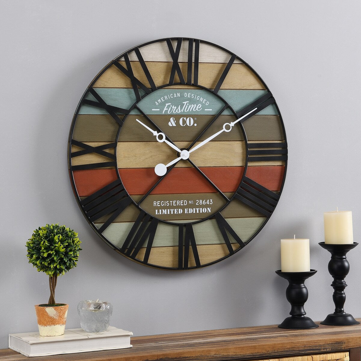 FirsTime & Co. Colorful Maritime Farmhouse Planks Clock, American Crafted, Multi-Color, Wood, 24 x 2 x 24 in