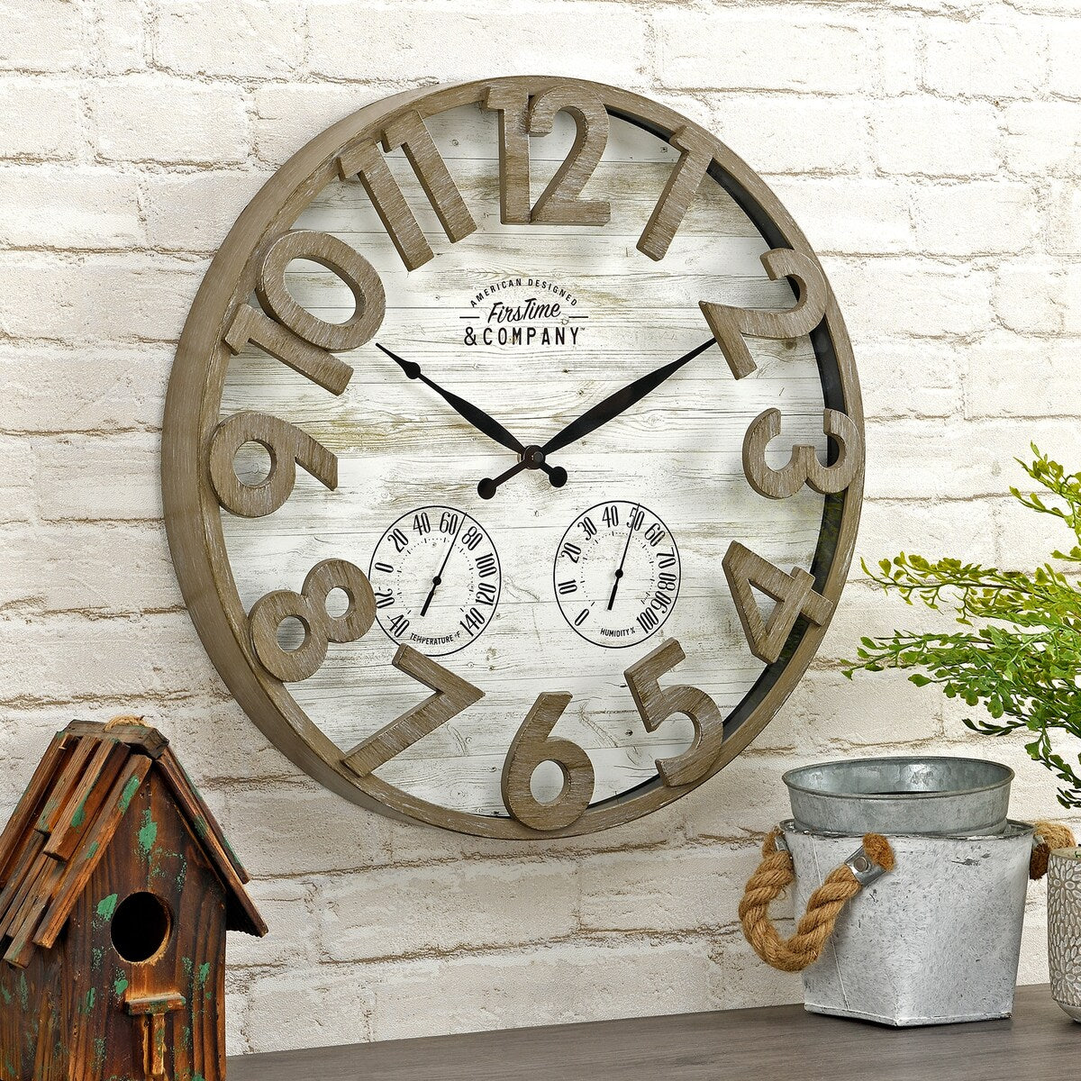 FirsTime & Co. Shiplap Farmhouse Outdoor Wall Clock, Plastic, 18 x 2.5 x 18 in, American Designed