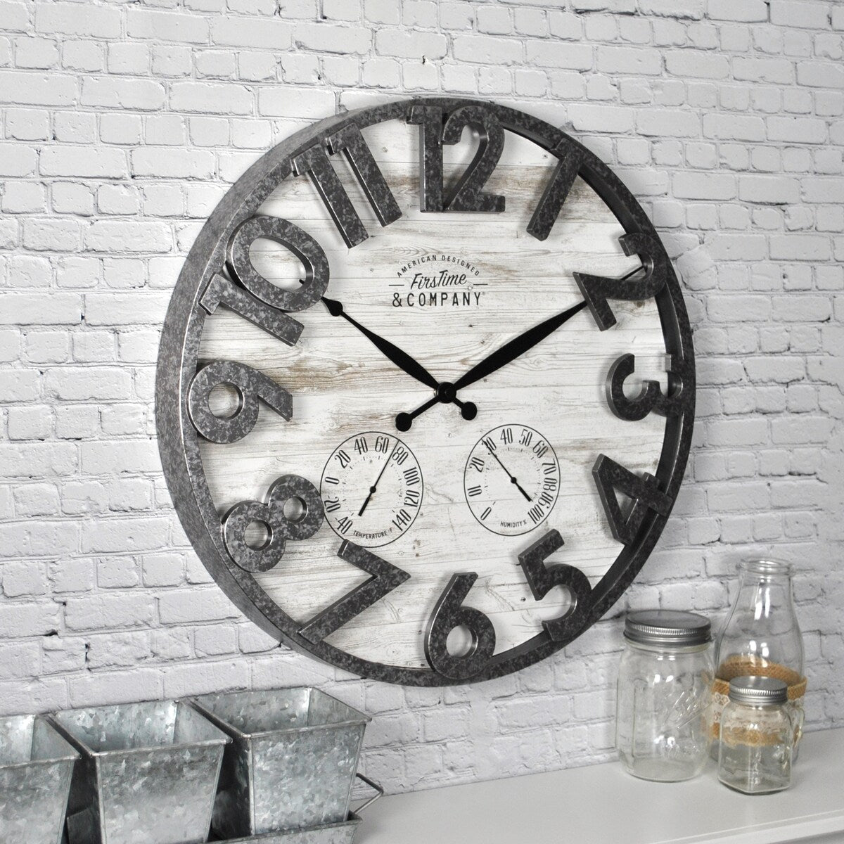 FirsTime & Co. Shiplap Farmhouse Outdoor Wall Clock, Plastic, 18 x 2.5 x 18 in, American Designed