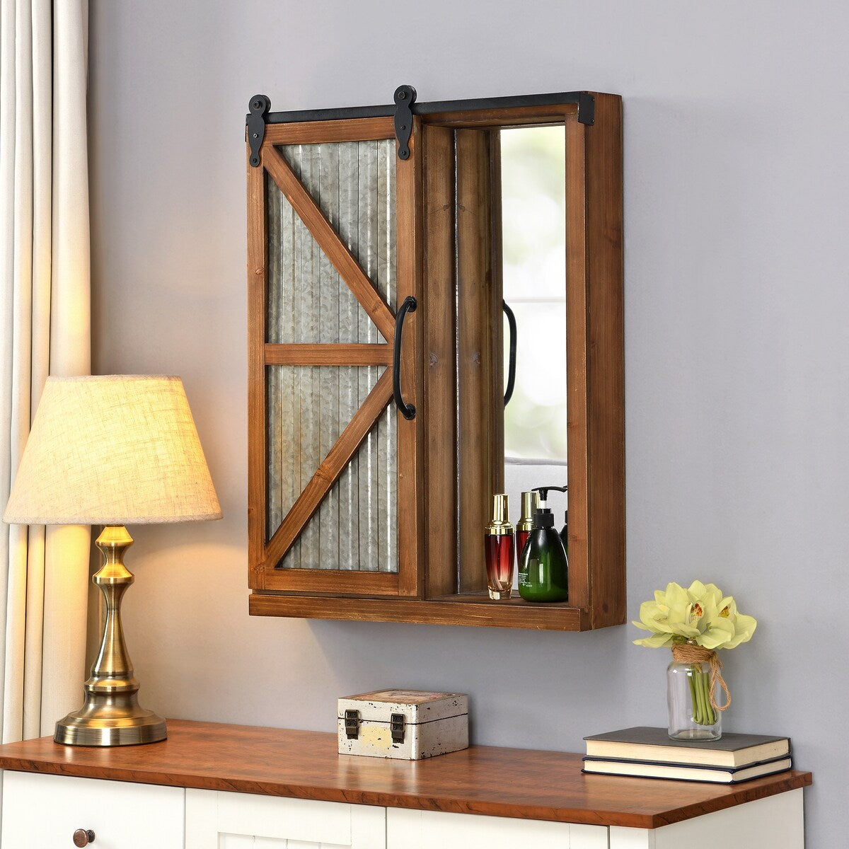 FirsTime & Co. Winona Farmhouse Barn Door Cabinet Mirror, Mirror, 21 x 5.5 x 28 in, American Designed