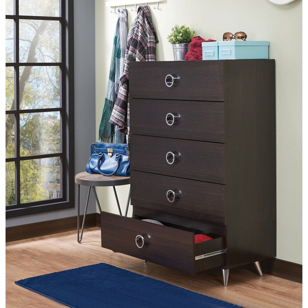 Five Drawers Wooden Chest In Contemporary Style, Espresso Brown