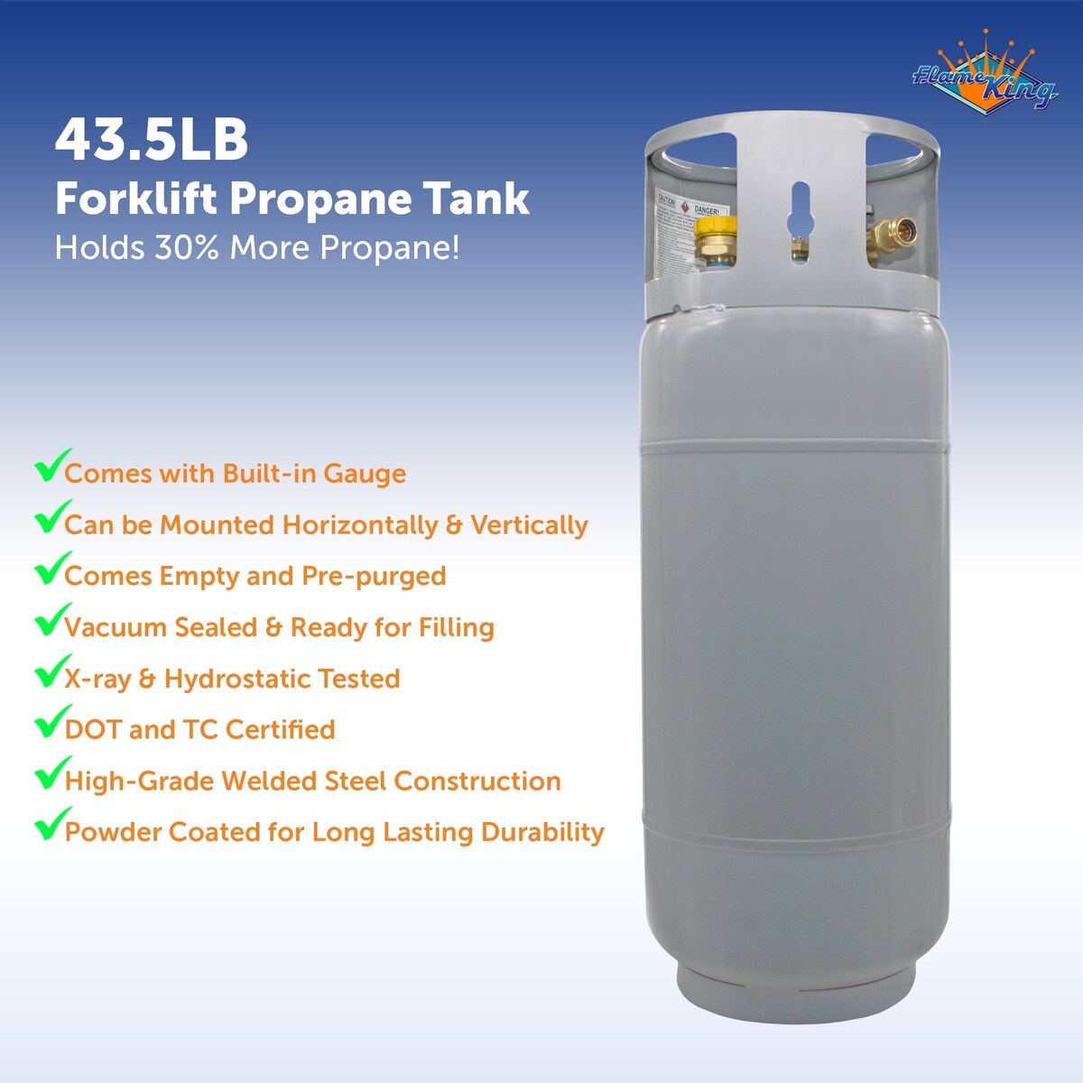 Flame King 43.5LB Steel Forklift Propane Tank with Gauge, DOT and TC Compliant, Rugged-Designed