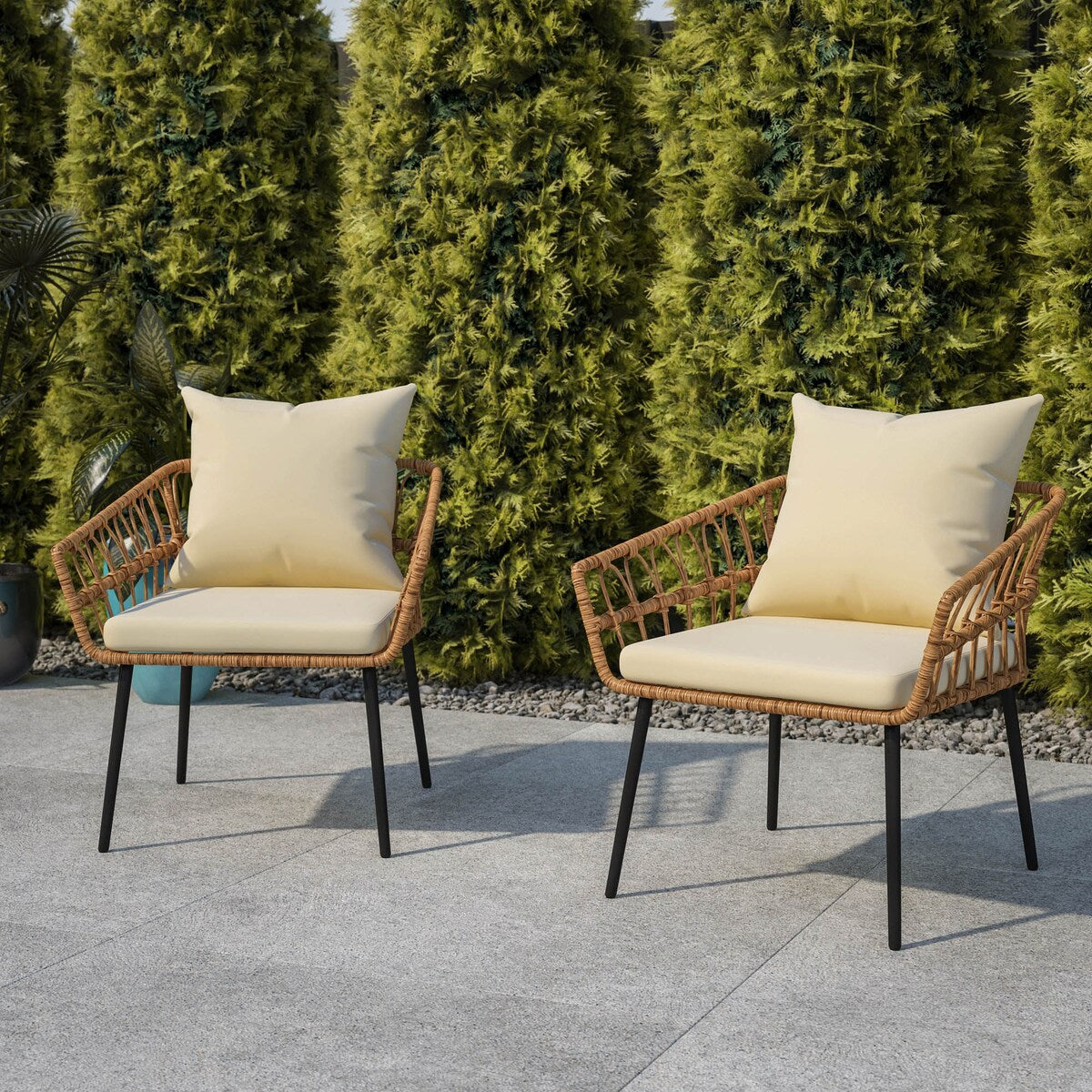 Flash Furniture Evin Set of 2 Boho Rope Rattan Wicker Patio Chairs - 28.25"Wx28"Dx28"H